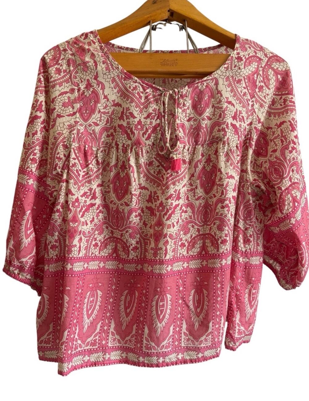 Natural Life Pink Paisley Boho Tassel Tie Peasant Blouse Size M